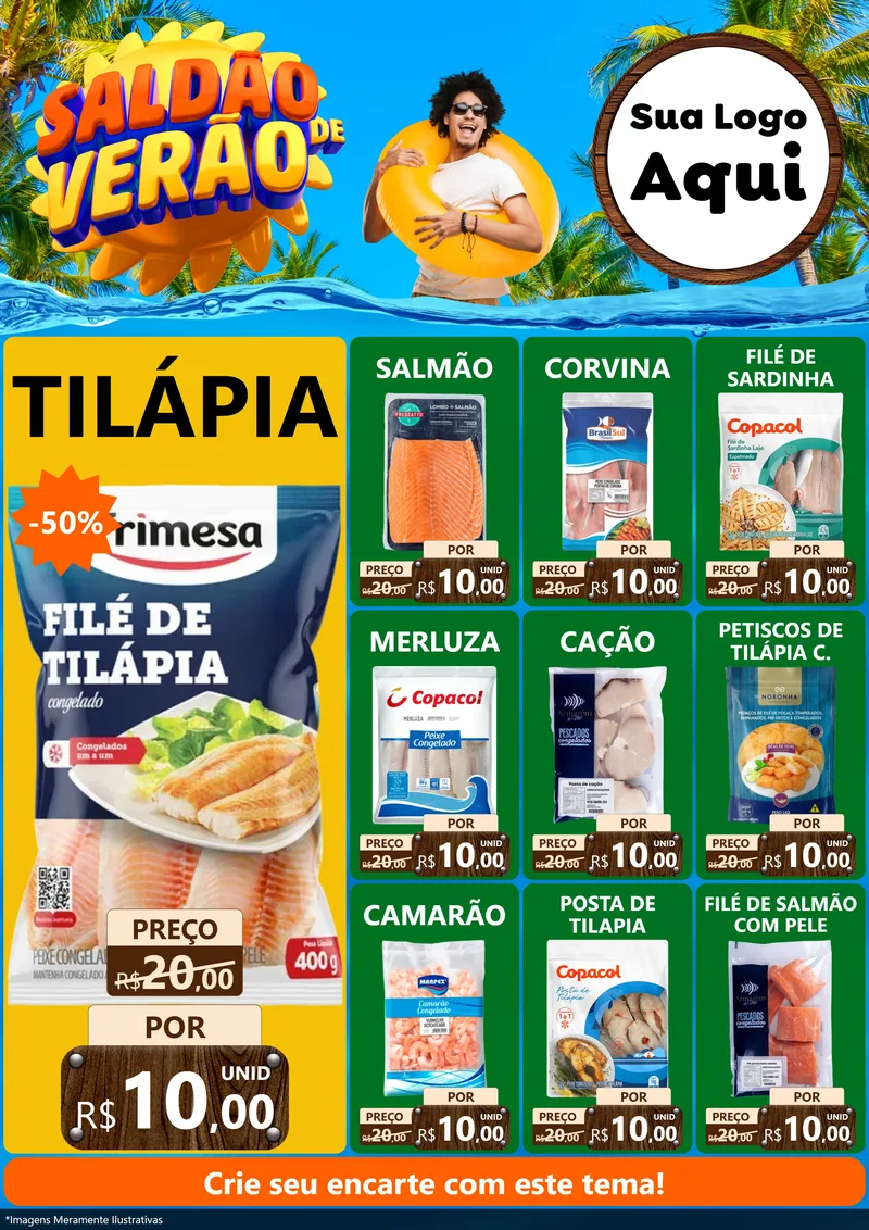 Modelo de Encarte para Encarte A4 Vertical com o tema Saldão de Verão para Peixaria