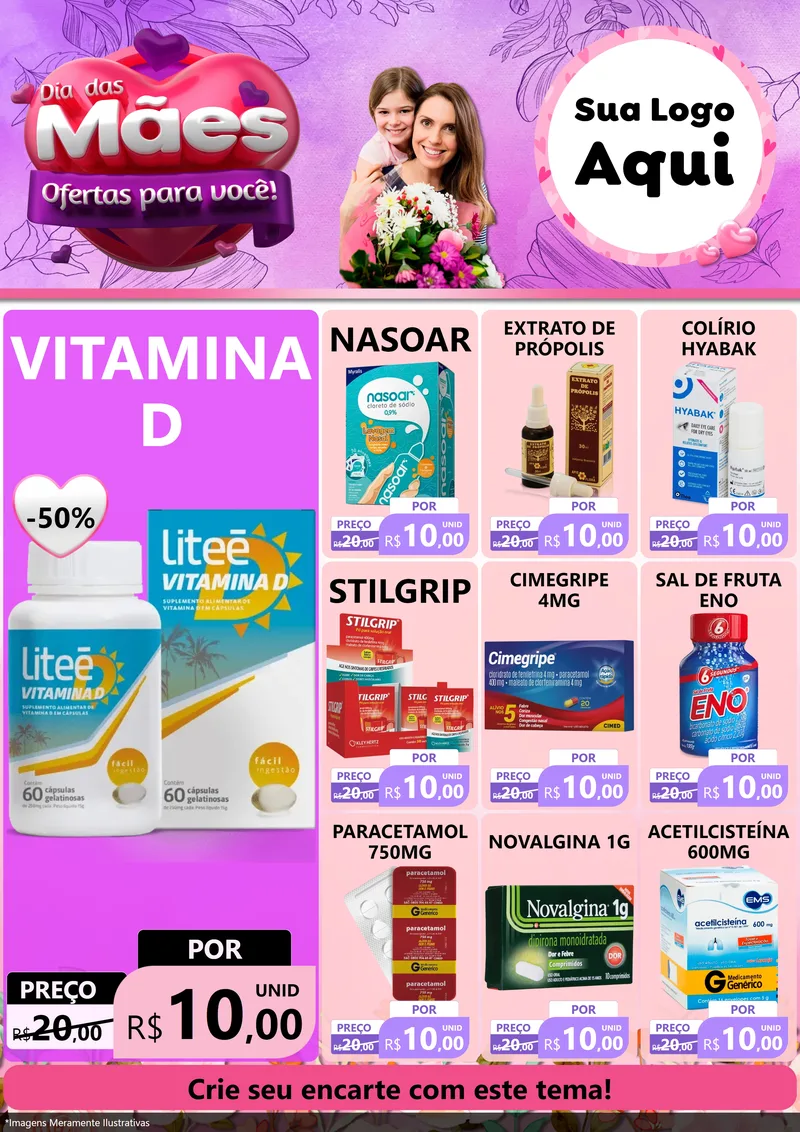 Modelo de Encarte para Encarte A4 Vertical com o tema Dia das Mães Ofertas para Você! para Farmácia