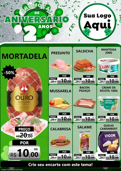 Modelo de Encarte para Encarte A4 Vertical com o tema Promoção de Aniversário - 2 Anos para Frios e Laticínios