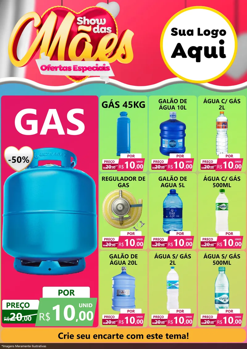 Modelo de Encarte para Encarte A4 Vertical com o tema Show das Mães - Ofertas Especiais para Água e gás