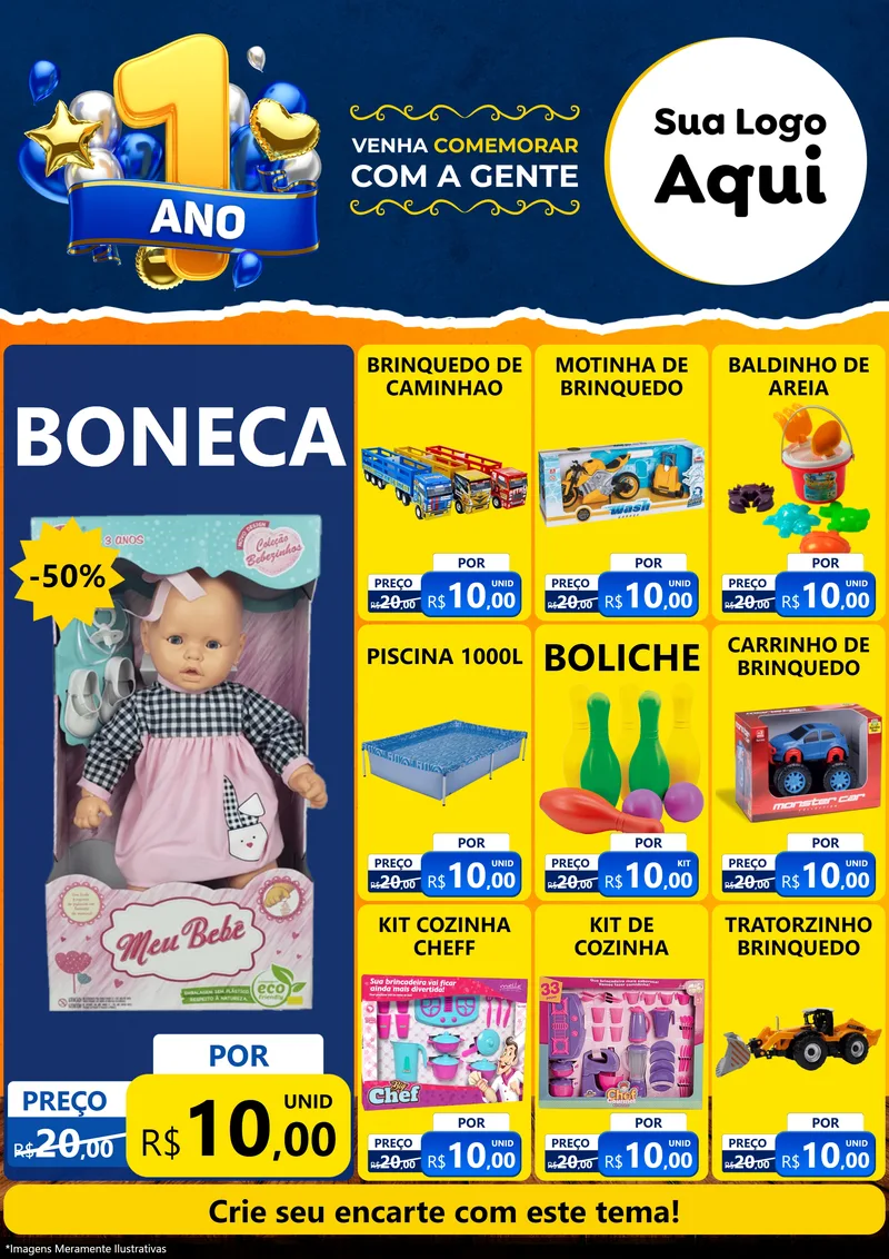 Modelo de Encarte para Encarte A4 Vertical com o tema Um Ano de Aniversário para Brinquedos