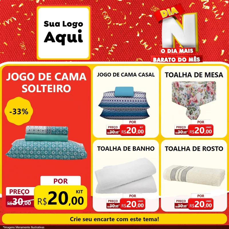 Modelo de Rede Social para Feed Facebook com o tema Dia N o Dia Mais Barato do Mês para Cama, Mesa e Banho