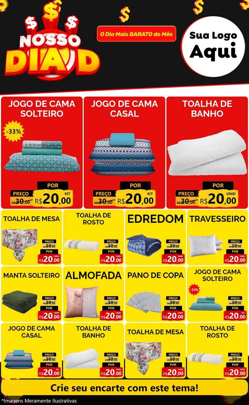 Modelo de Encarte para Encarte Grande com o tema Nosso Dia D para Cama, Mesa e Banho
