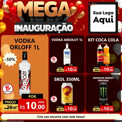 Modelo de Rede Social para Feed Facebook com o tema Mega Inauguração para Distribuidora de bebidas