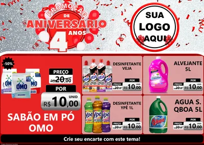 Modelo de Encarte para Encarte A4 Horizontal com o tema Promoção de Aniversário - 4 Anos para Produtos de Limpeza
