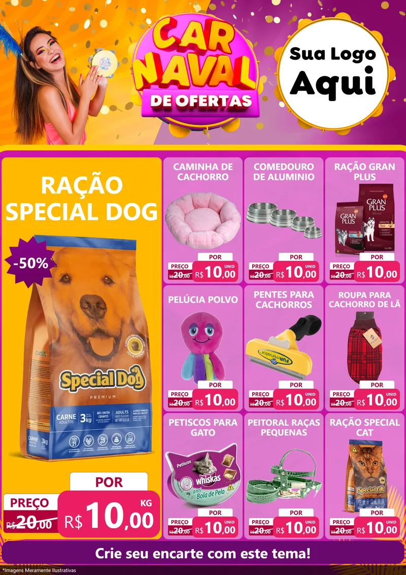 Modelo de Encarte para Encarte A4 Vertical com o tema Carnaval de Ofertas para Pet Shop