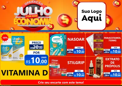 Modelo de Encarte para Encarte A4 Horizontal com o tema Operação Julho Com Mais Economia para Farmácia