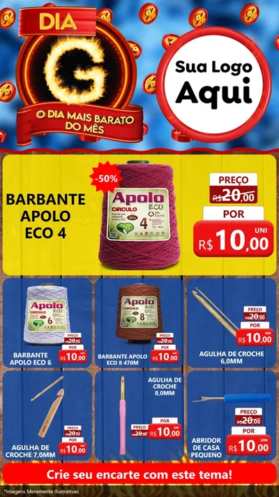 Modelo de Rede Social para Stories com o tema Dia G - O Dia Mais Barato Do Mês para Armarinho e Aviamentos