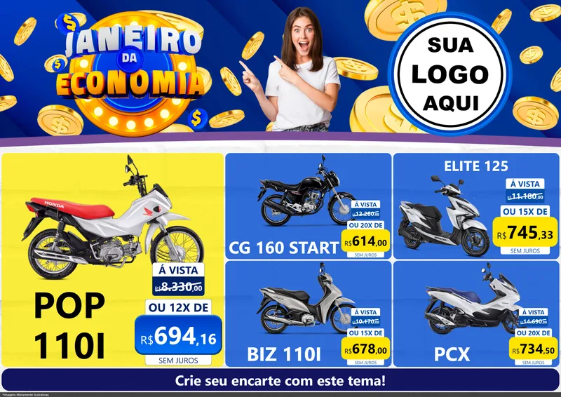 Modelo de Encarte para Encarte A4 Horizontal com o tema Janeiro da Economia para Concessionaria de Motos