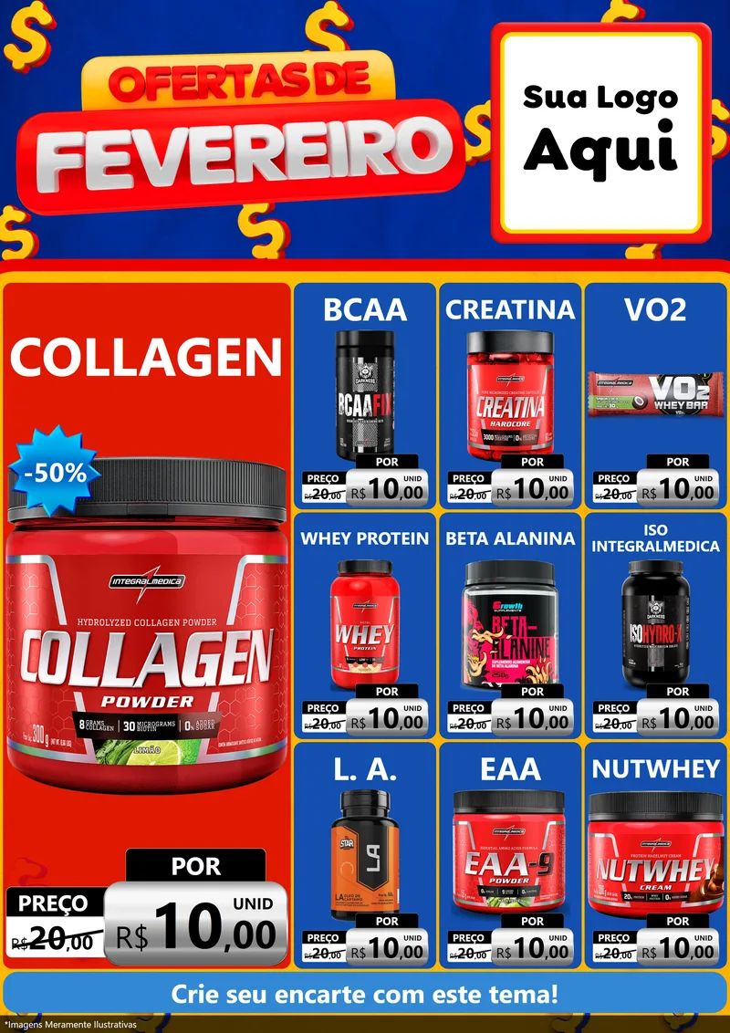 Modelo de Encarte para Encarte A4 Vertical com o tema Ofertas de Fevereiro para Suplementos alimentares