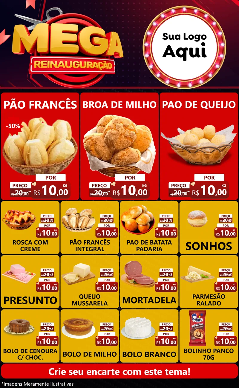 Modelo de Encarte para Encarte Grande com o tema Mega Reinauguração para Padaria