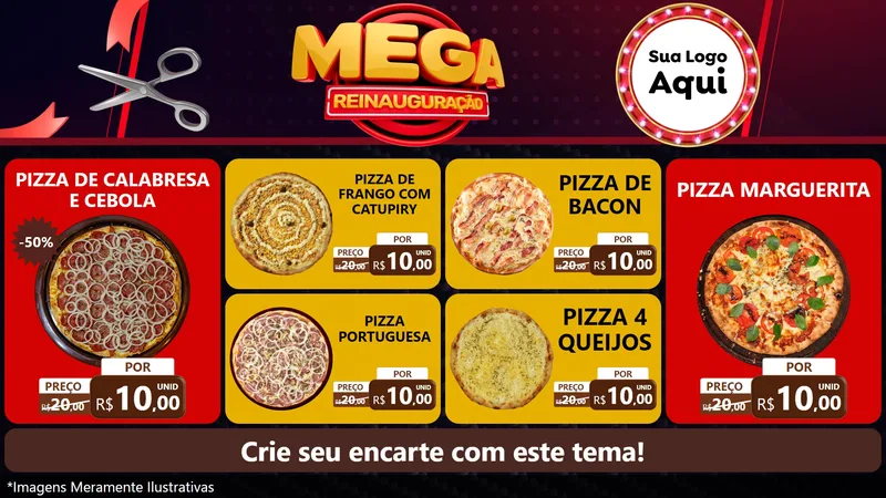 Modelo de TV para TV Horizontal com o tema Mega Reinauguração para Pizzaria