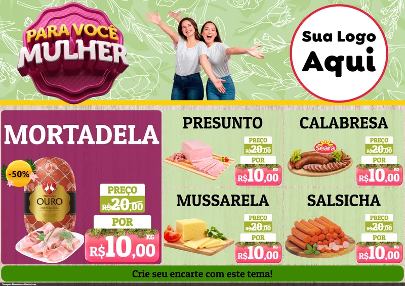 Modelo de Encarte para Encarte A4 Horizontal com o tema Para Você Mulher para Frios e Laticínios