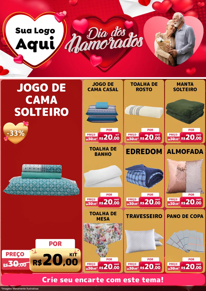 Modelo de Encarte para Encarte A4 Vertical com o tema Dia Dos Namorados para Cama, Mesa e Banho