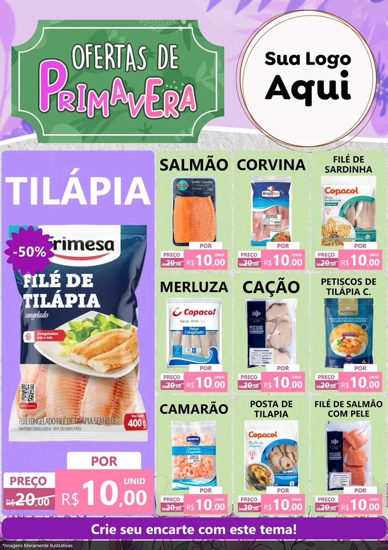 Modelo de Encarte para Encarte A4 Vertical com o tema Ofertas de Primavera para Peixaria