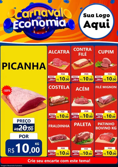 Modelo de Encarte para Encarte A4 Vertical com o tema Carnaval da Economia para Açougue