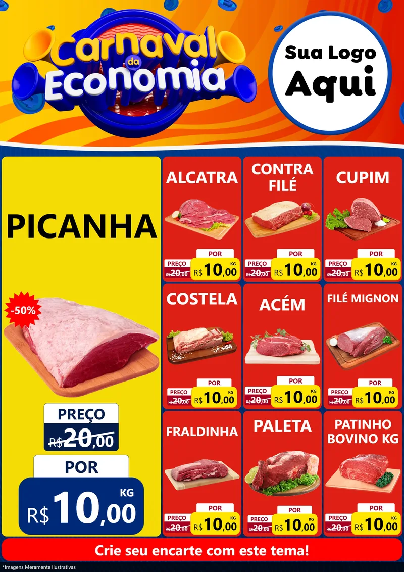 Modelo de Encarte para Encarte A4 Vertical com o tema Carnaval da Economia para Açougue