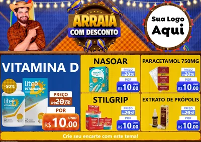 Modelo de Encarte para Encarte A4 Horizontal com o tema Arraiá Com Desconto para Farmácia