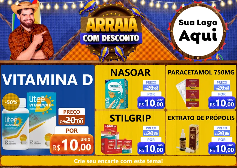 Modelo de Encarte para Encarte A4 Horizontal com o tema Arraiá Com Desconto para Farmácia