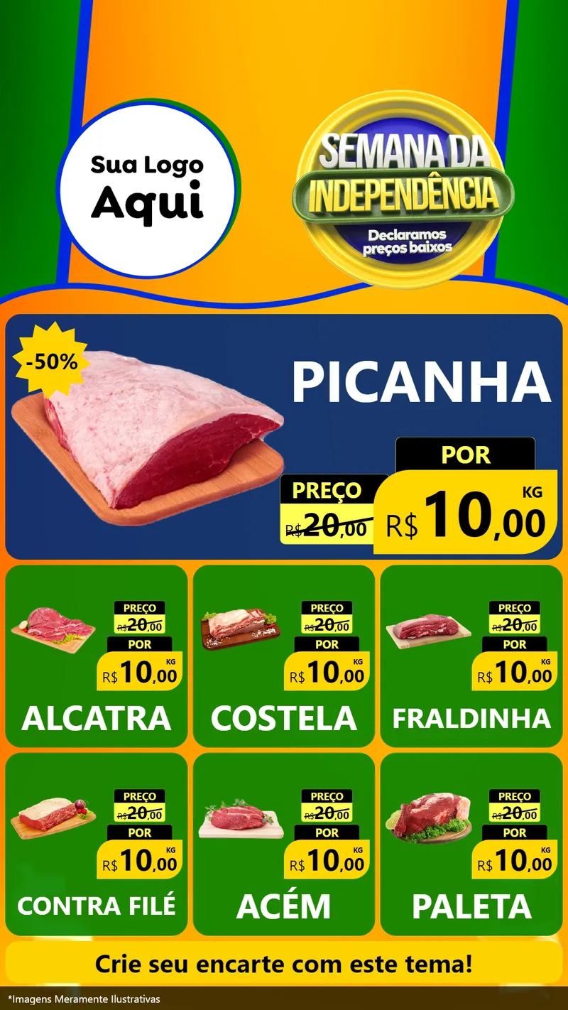 Modelo de Rede Social para Stories com o tema Semana da Independência Declaramos Preços Baixos para Açougue
