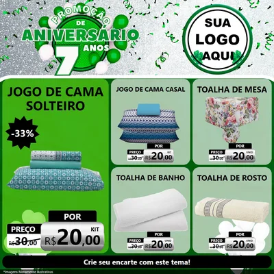 Modelo de Rede Social para Feed Facebook com o tema Promoção de Aniversário - 7 Anos para Cama, Mesa e Banho