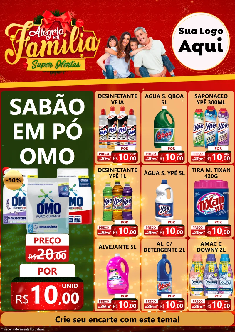 Modelo de Encarte para Encarte A4 Vertical com o tema Alegria em Família Super Ofertas - Natal para Produtos de Limpeza
