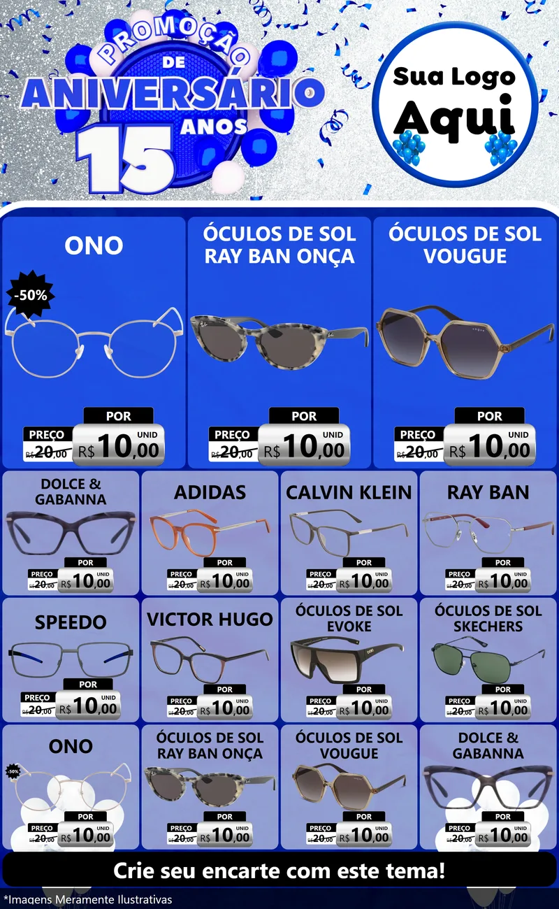 Modelo de Encarte para Encarte Grande com o tema Promoção de Aniversário - 15 Anos para Óticas