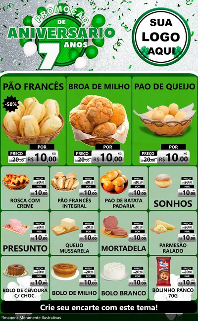 Modelo de Encarte para Encarte Grande com o tema Promoção de Aniversário - 7 Anos para Padaria
