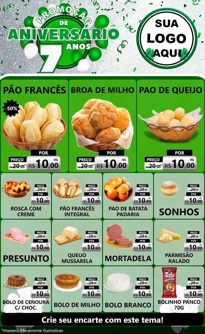 Modelo de Encarte para Encarte Grande com o tema Promoção de Aniversário - 7 Anos para Padaria