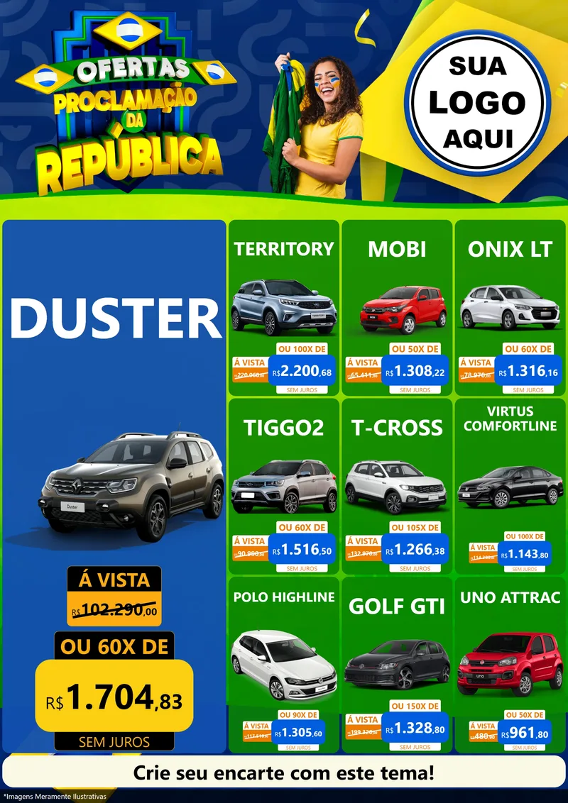 Modelo de Encarte para Encarte A4 Vertical com o tema Ofertas Proclamação da República para Concessionaria de Carros