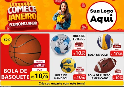 Modelo de Encarte para Encarte A4 Horizontal com o tema Comece Janeiro Economizando para Artigos Esportivos