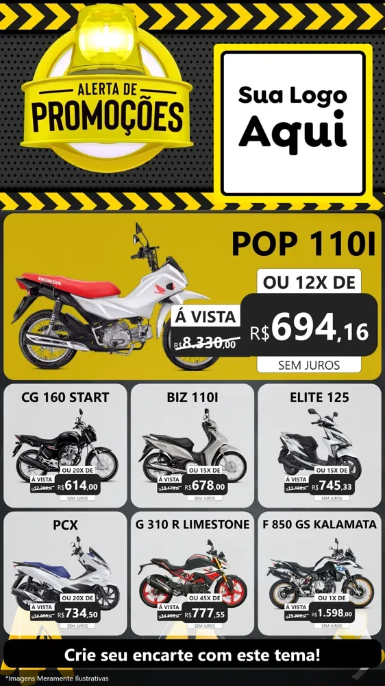Modelo de Rede Social para Stories com o tema Alerta de Promoções para Concessionaria de Motos