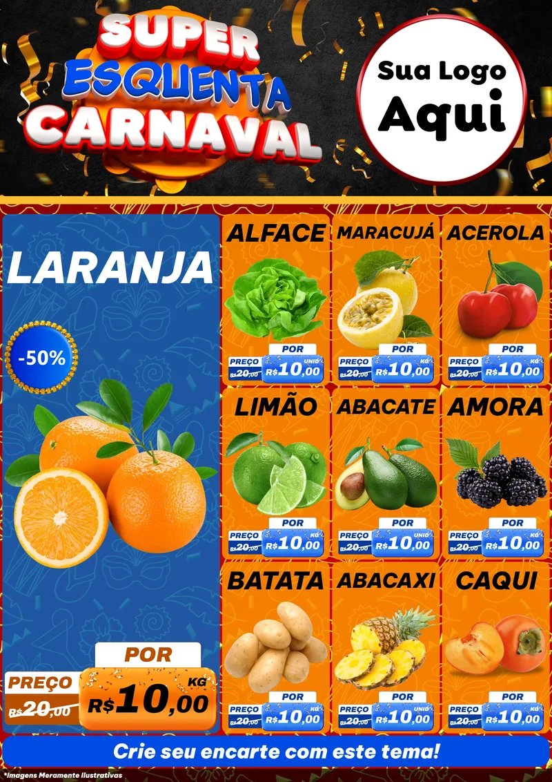 Modelo de Encarte para Encarte A4 Vertical com o tema Super Esquenta de Carnaval para Hortifrúti
