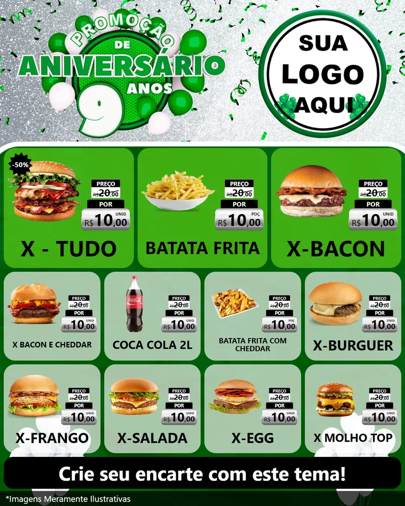 Modelo de Rede Social para Feed Instagram com o tema Promoção de Aniversário - 9 Anos para Hamburgueria