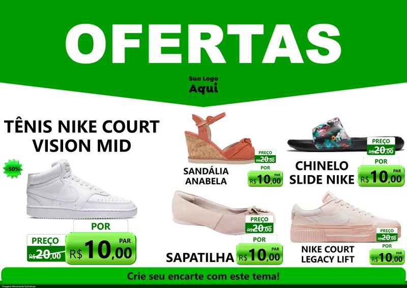 Modelo de Encarte para Encarte A4 Horizontal com o tema Ofertas Verde Cartaz para Calçados