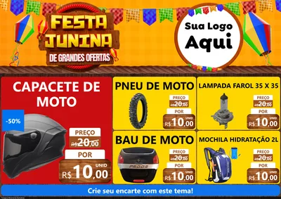 Modelo de Encarte para Encarte A4 Horizontal com o tema Festa Junina de Grandes Ofertas para Moto peças