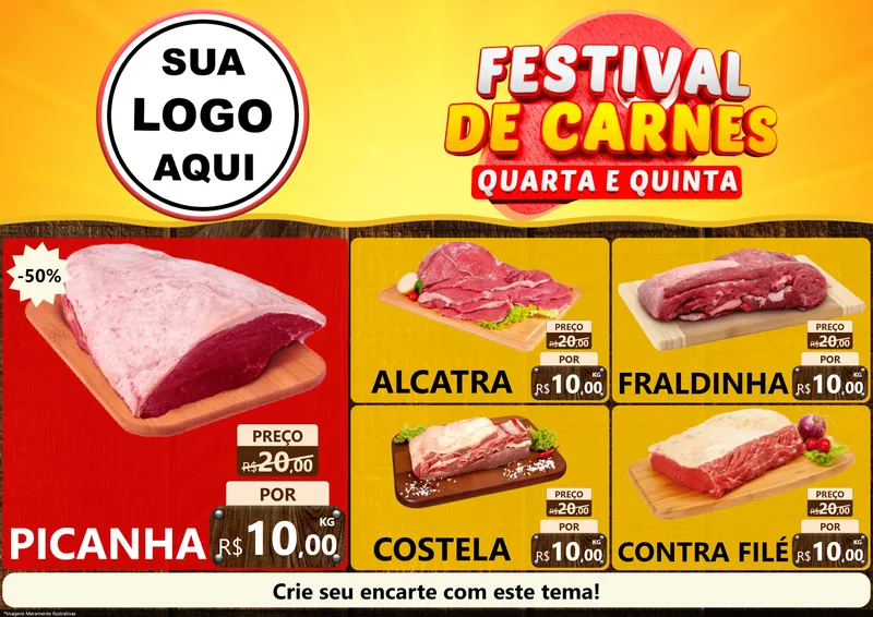 Modelo de Encarte para Encarte A4 Horizontal com o tema Festival de Carnes - Quarta e Quinta para Açougue