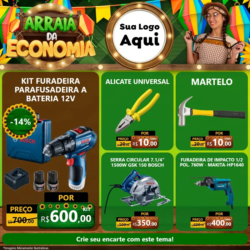 Modelo de Rede Social para Feed Facebook com o tema Arraiá de Economia para Maquinas e Ferramentas