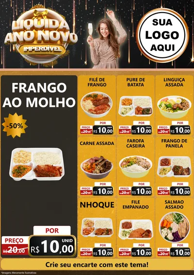 Modelo de Encarte para Encarte A4 Vertical com o tema Liquida Ano Novo Imperdível para Restaurante