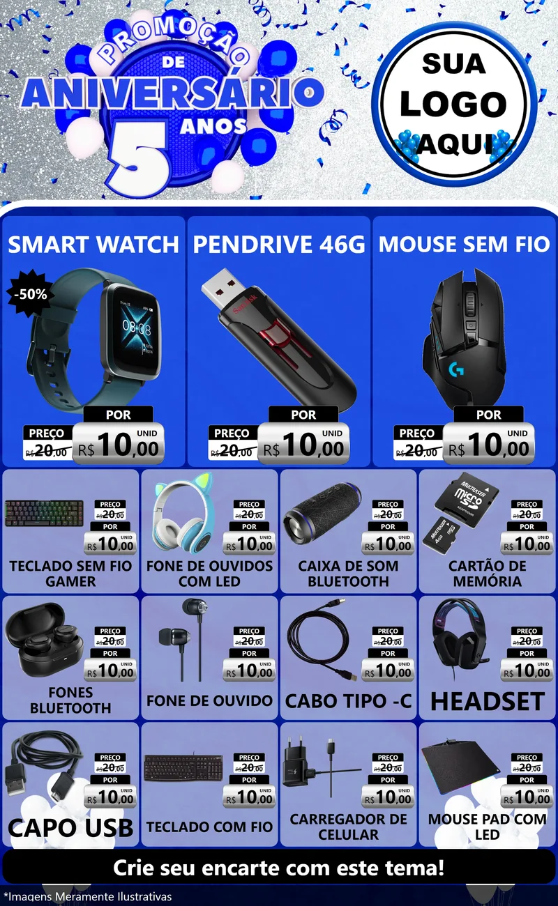 Modelo de Encarte para Encarte Grande com o tema Promoção de Aniversário - 5 Anos para Informática