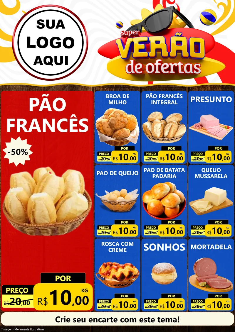 Modelo de Encarte para Encarte A4 Vertical com o tema Super Verão de Ofertas para Padaria