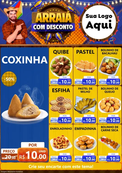 Modelo de Encarte para Encarte A4 Vertical com o tema Arraiá Com Desconto para Salgadaria