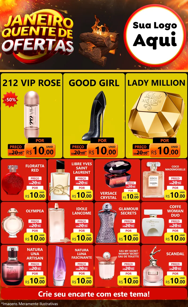 Modelo de Encarte para Encarte Grande com o tema Janeiro Quente de Ofertas para Perfumes
