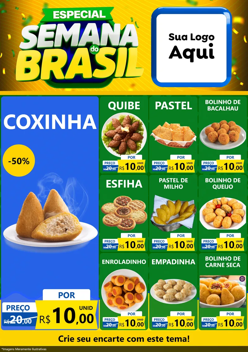 Modelo de Encarte para Encarte A4 Vertical com o tema Especial Semana do Brasil para Salgadaria