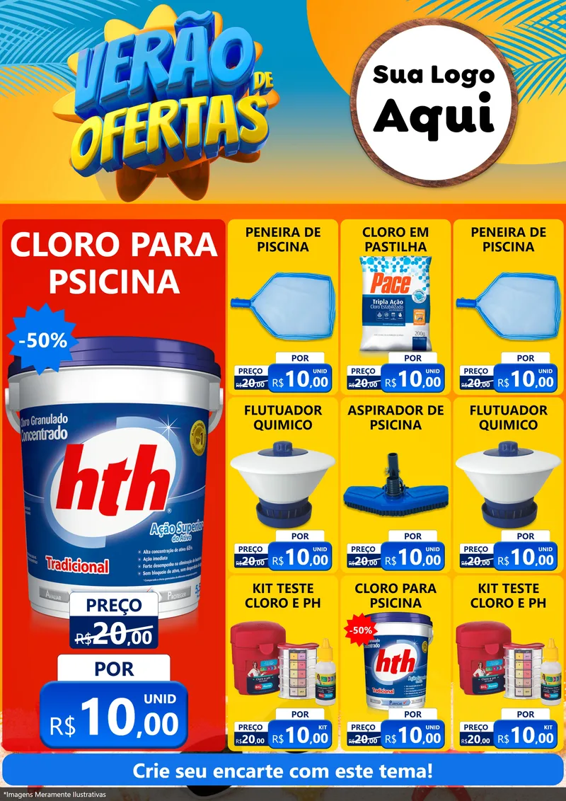 Modelo de Encarte para Encarte A4 Vertical com o tema Verão de Ofertas para Produtos para Piscina