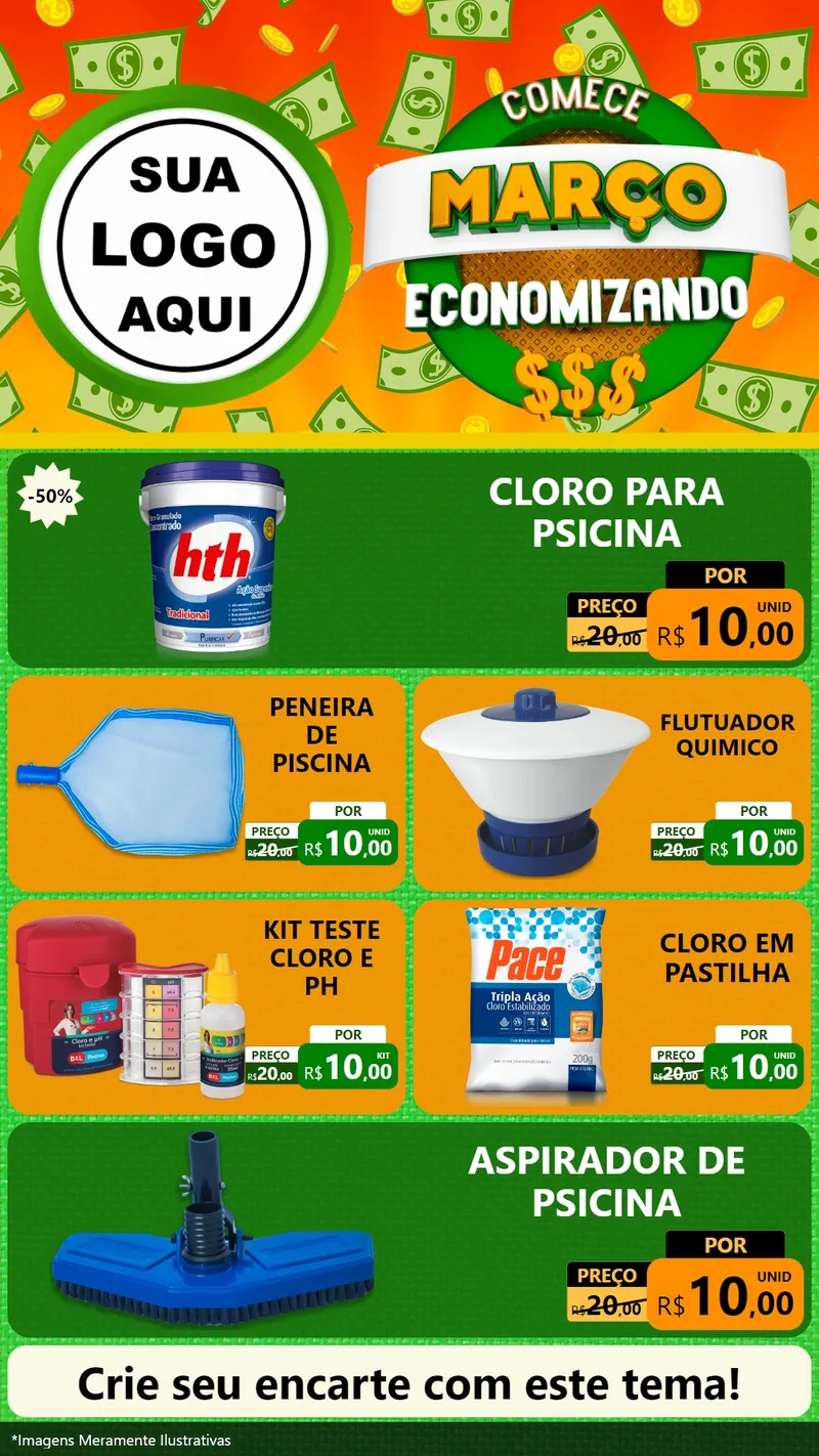 Modelo de TV para TV Vertical com o tema Comece Março Economizando para Produtos para Piscina