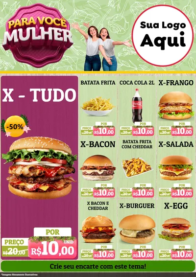 Modelo de Encarte para Encarte A4 Vertical com o tema Para Você Mulher para Hamburgueria