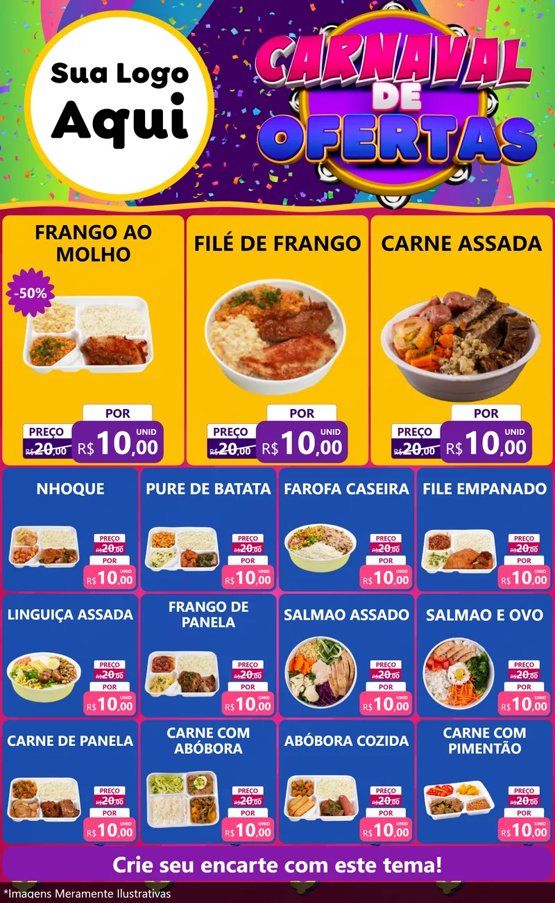 Modelo de Encarte para Encarte Grande com o tema Carnaval de Ofertas para Restaurante