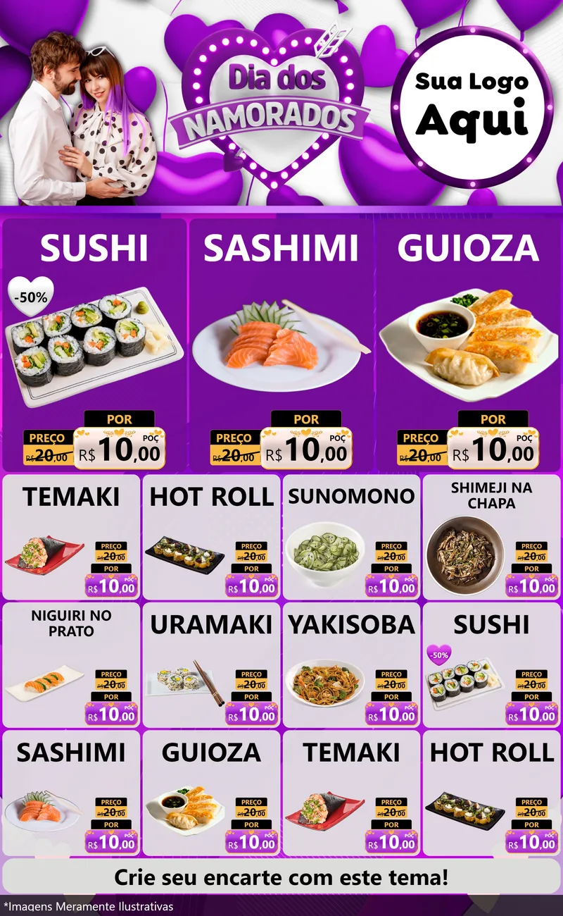 Modelo de Encarte para Encarte Grande com o tema Dia dos Namorados para Comida japonesa