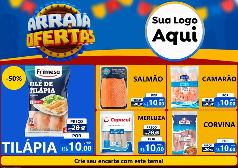 Modelo de Encarte para Encarte A4 Horizontal com o tema Arraiá de Ofertas - Junina para Peixaria